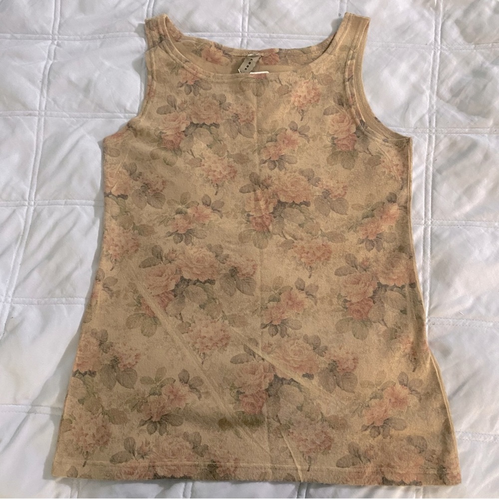 Look Rose Print Tan Tank Top Size Small